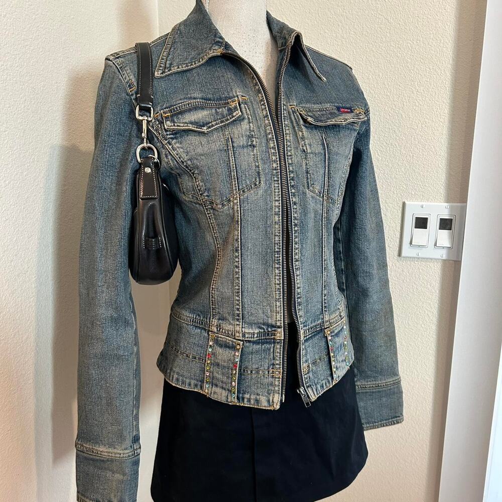 Yuka Jeans light denim jacket with rhinestones. Size large